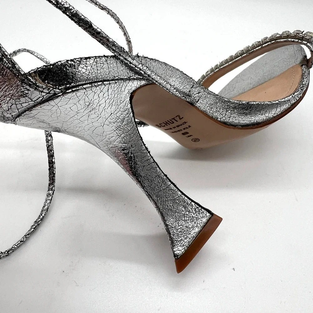 SCHUTZ Bellin Heels Womens 6 Silver Metallic Jeweled Ankle Wrap Strappy Sandal - Picture 12 of 14